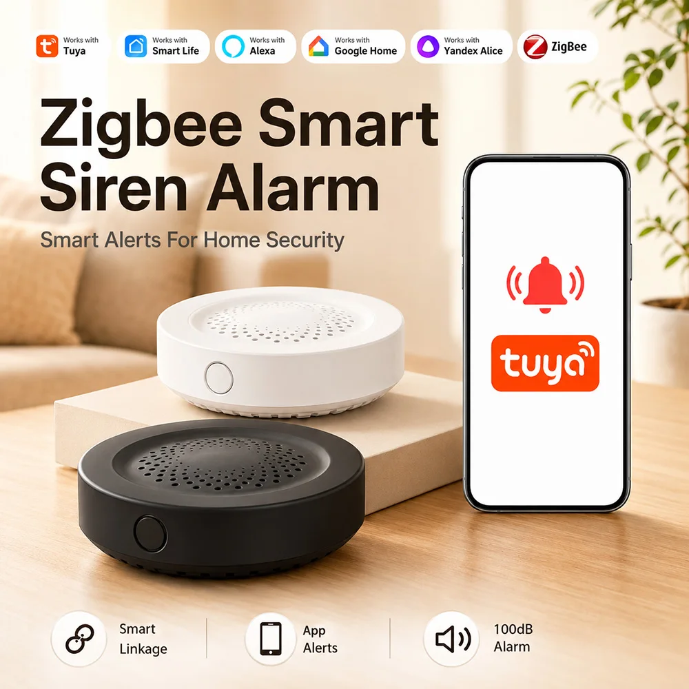Tuya Smart Zigbee Siren Alarm 100dB For Smart Home Works With Alexa Yandex Alice Requires Zigbee Gateway