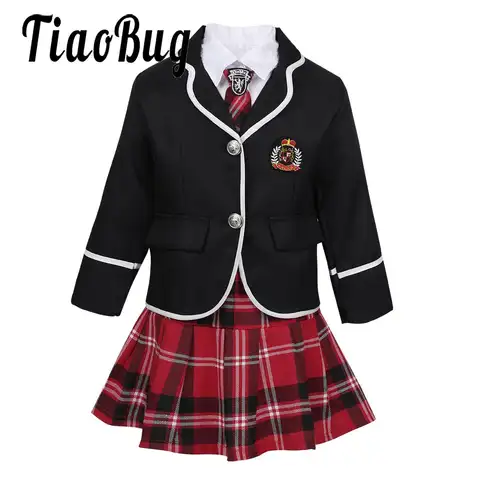 Kids Girls British Japanese Korean School Uniform Anime Outfits Long Sleeve Jacket and Shirts Tie Mini Skirt Set for 4-14Years