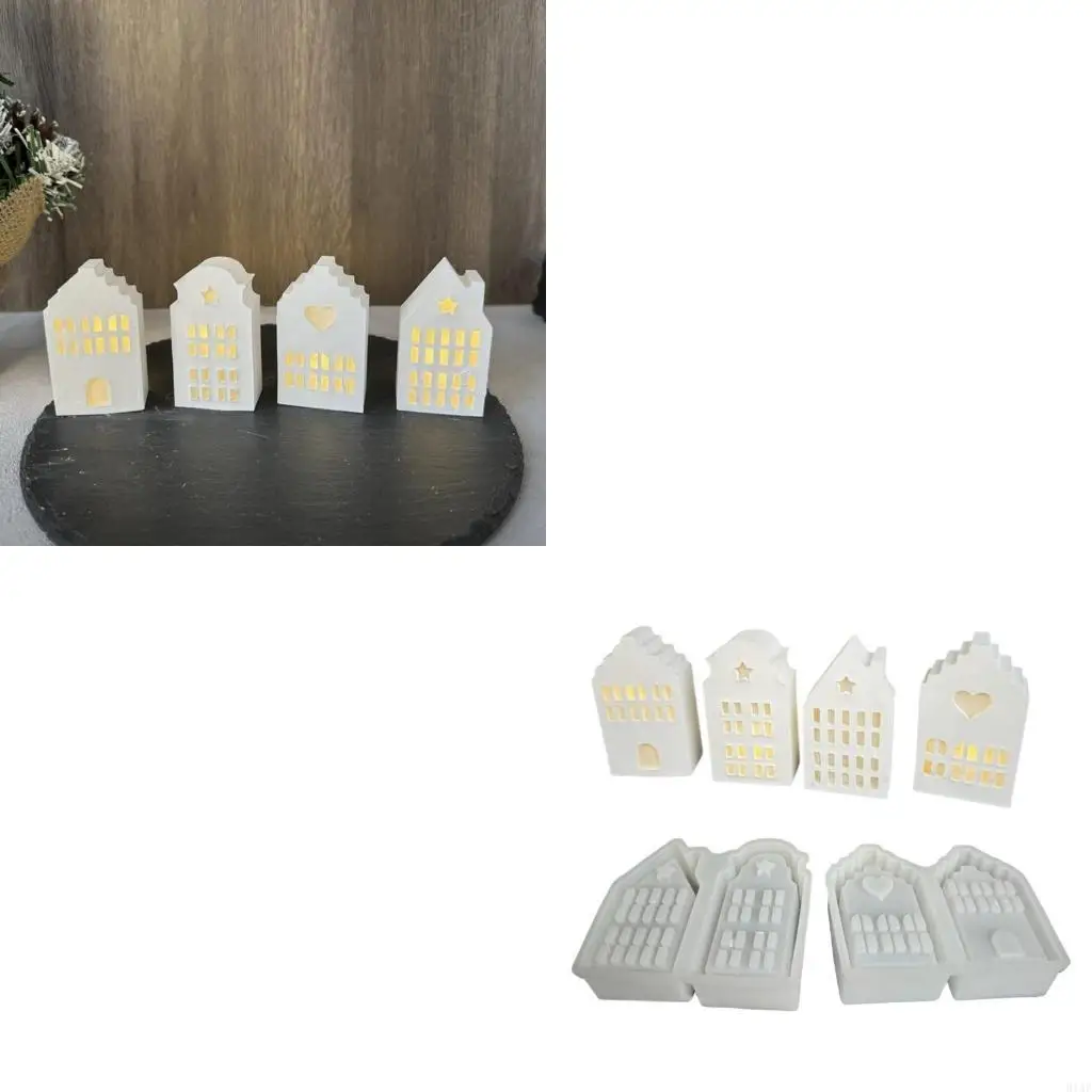 91AF 4 House Shaped Tealight Holder Mold Flexible Silicone Lamp Mold Gypsum Mould Jewelry Making Tool