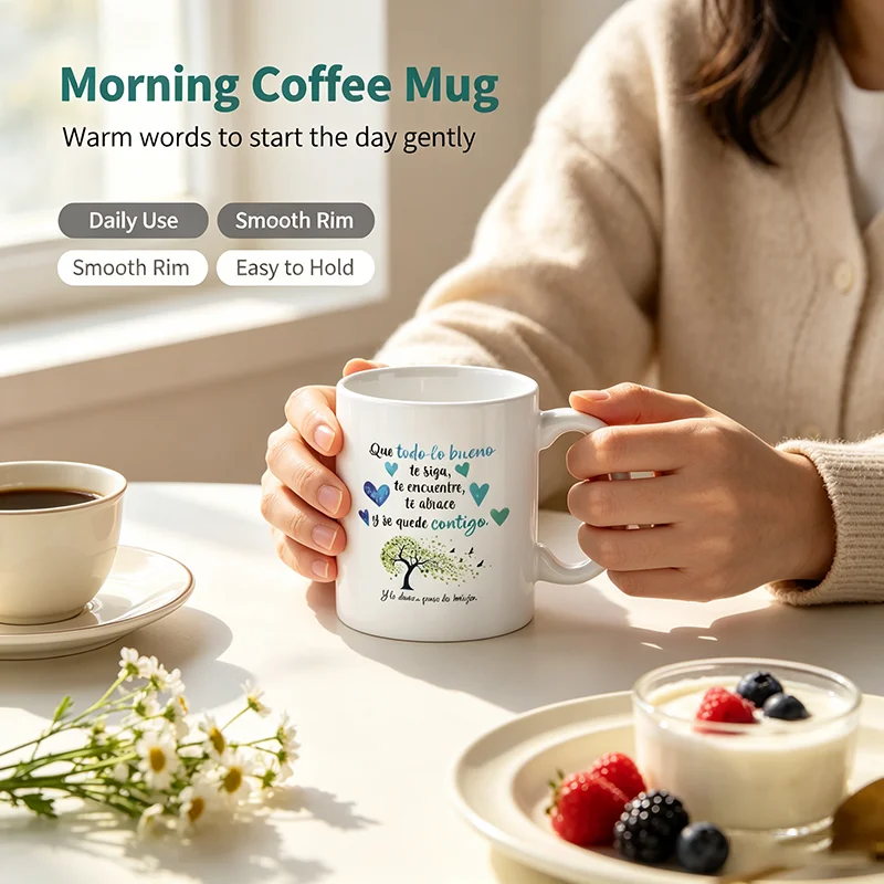 Spanish Blessing Quote Ceramic Coffee Mug Watercolor Heart Tree Bird Print White Porcelain Tea Cup Warm Positive Wish Gift