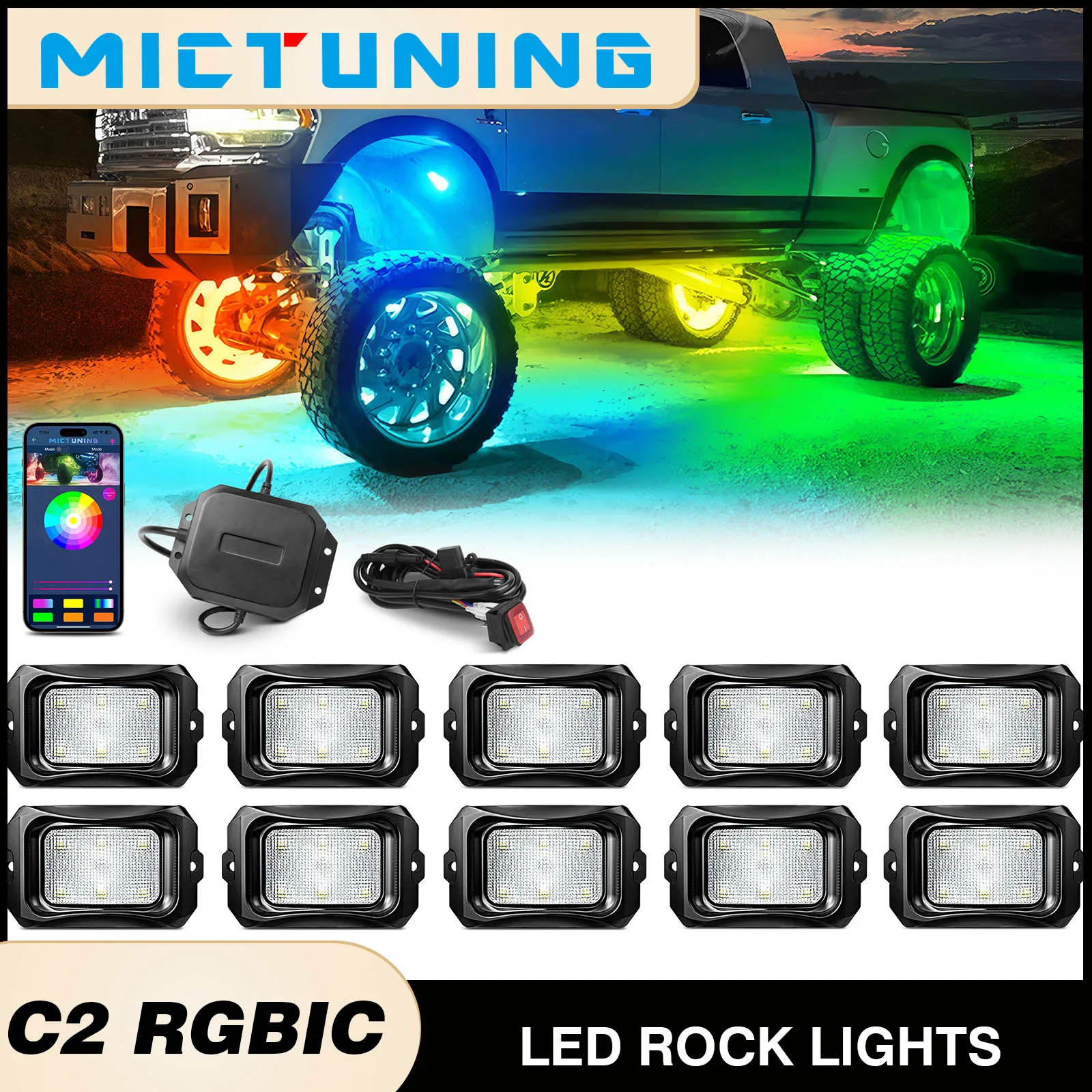 MICTUNING C2 Chasing Color RGB+IC LED Rock Light,10 Pods Underglow Lighting Kit with Stable APP Control,Dynamic Lighting Modes