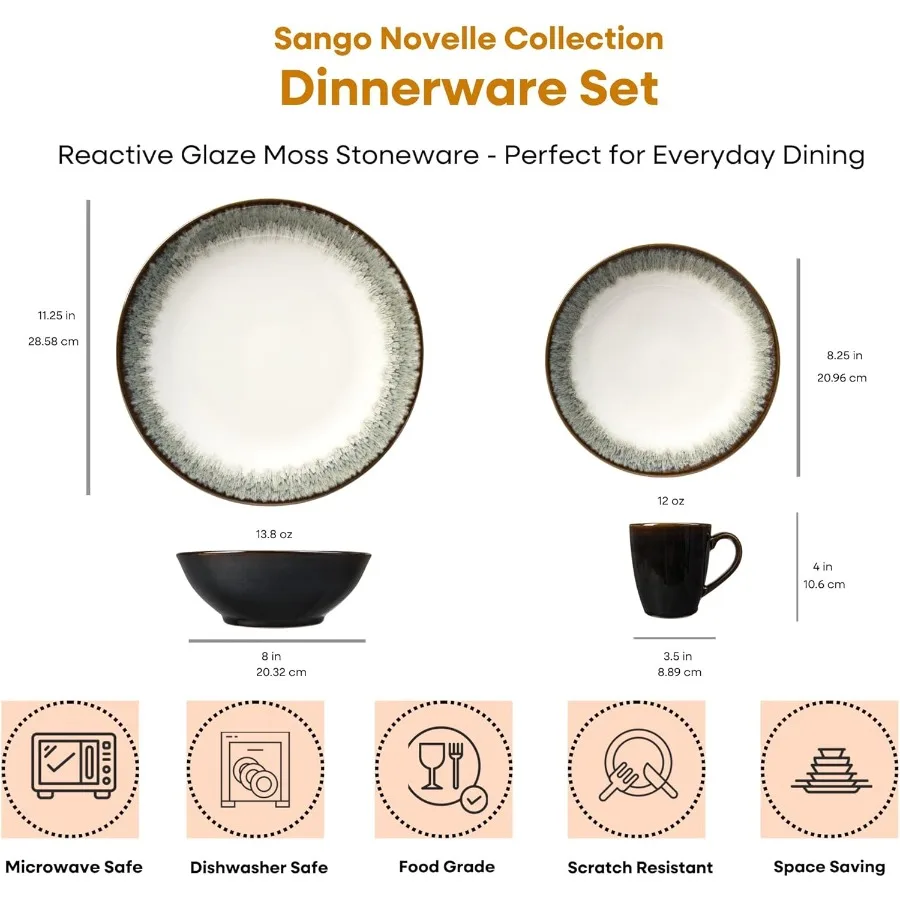 Novelle 16Piece Casual Moss Porcelain Dinnerware Set Service for 4 Plates Bowls and Mugs Brown and Green Reactive Glaze Microwa