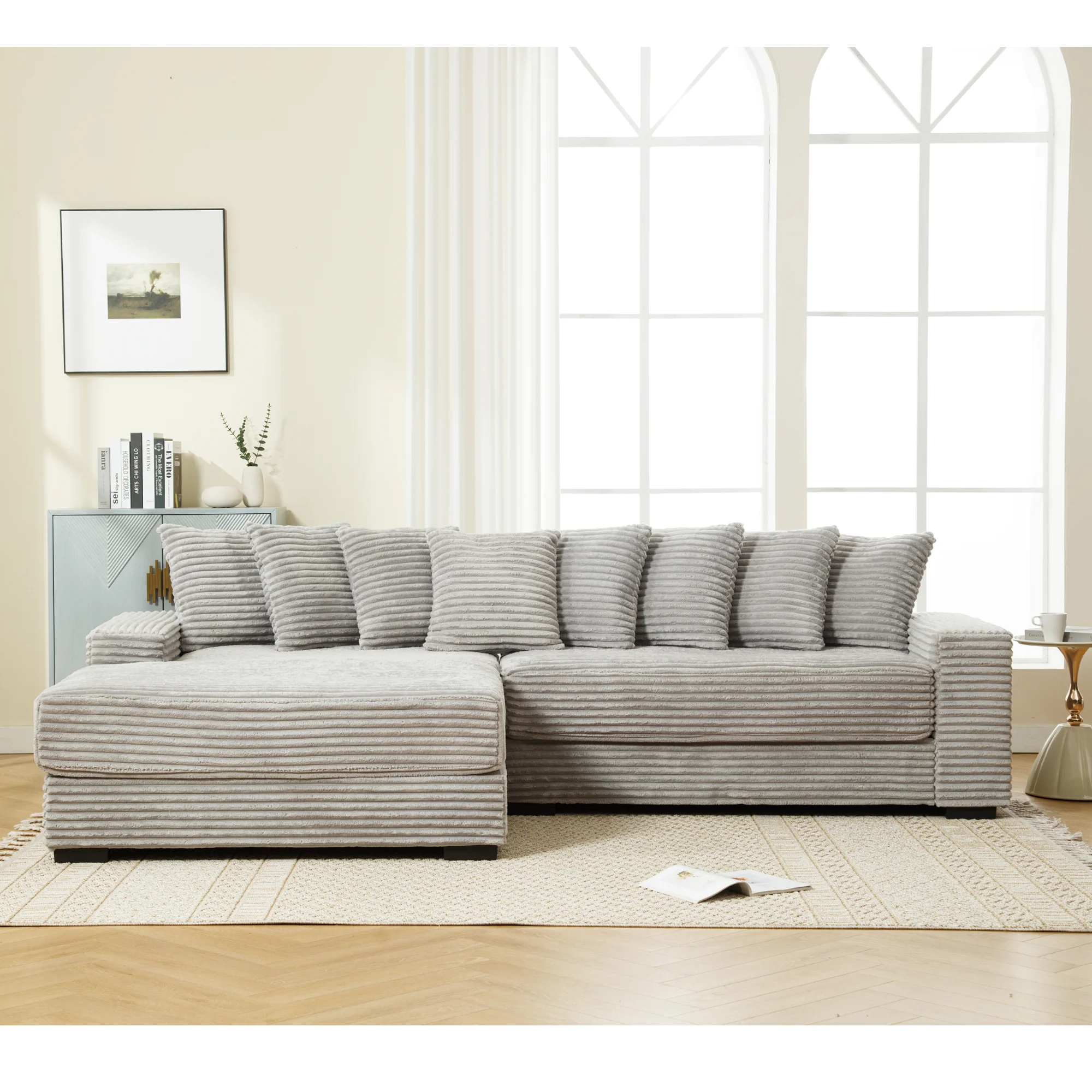 Oversized Two-Piece Couches, L Shaped Sofa, Corduroy, Left Chaise Daybed,with Armrests,Eight Throw Pillows,Corner Sofa