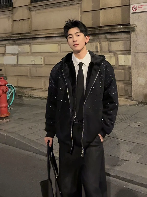 شتاء جديد سميكة الدافئة الثقيلة السماء المرصعة بالنجوم حجر الراين البلوز فضفاض عادية الصوف مبطن سستة مقنعين سترة للرجال