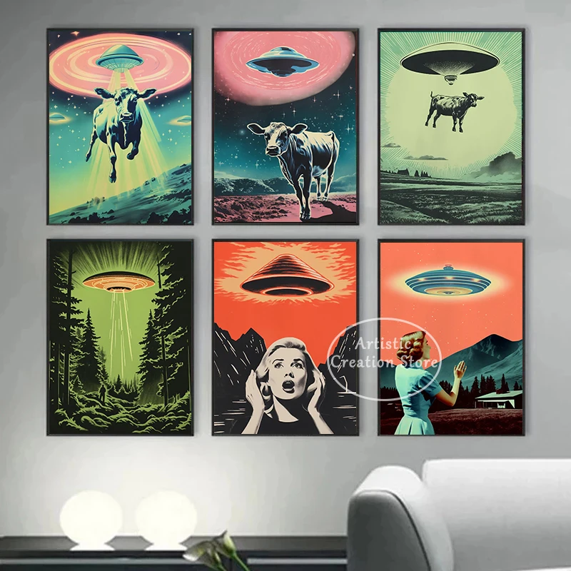 Retro Ufo Poster Alien Wall Art 60s Sci Fi Retro Housewife Print Canvas Painting Hovering Flying Saucer Living Room Home Decor