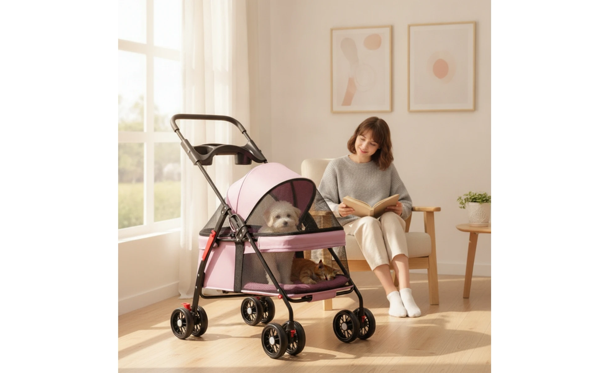 Pet Stroller with Storage Basket 4-Wheel Foldable Pet Stroller Collapsible Breathable for Small Dogs, Outdoor Walks, Travel