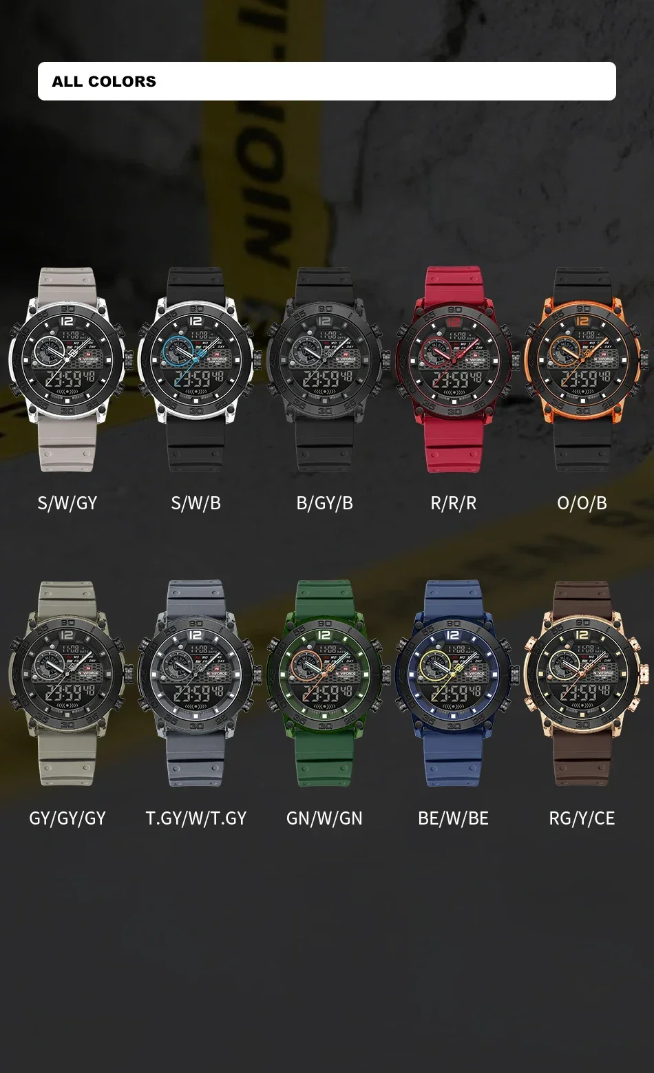 NAVIFORCE NF6104 Мужские легкие спортивные часы с двойным дисплеем и ночником для мальчиков, кварцевый секундомер, многофункциональный