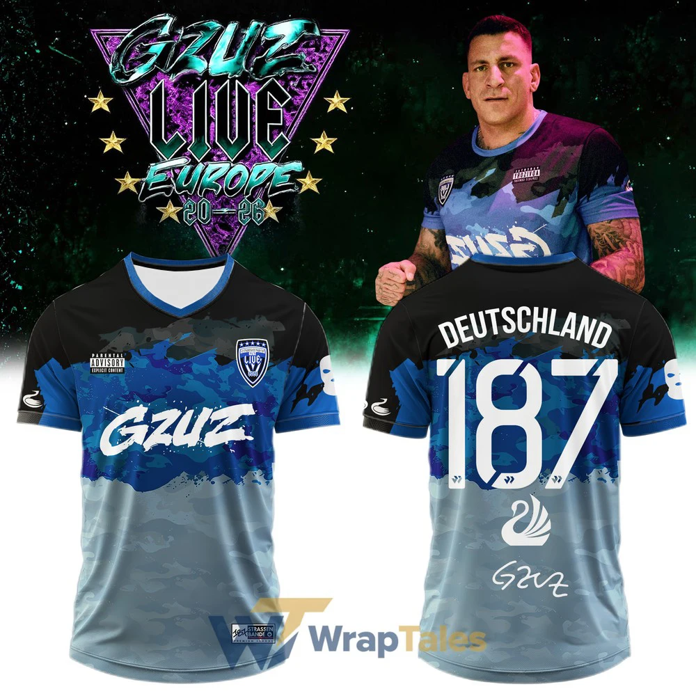 Men Gzuz Live Europe Rap Artist V Neck Jersey Y2K Oversized 187 Number Graphic Rap Tour Merch Street Athletic Short Sleeve Tops