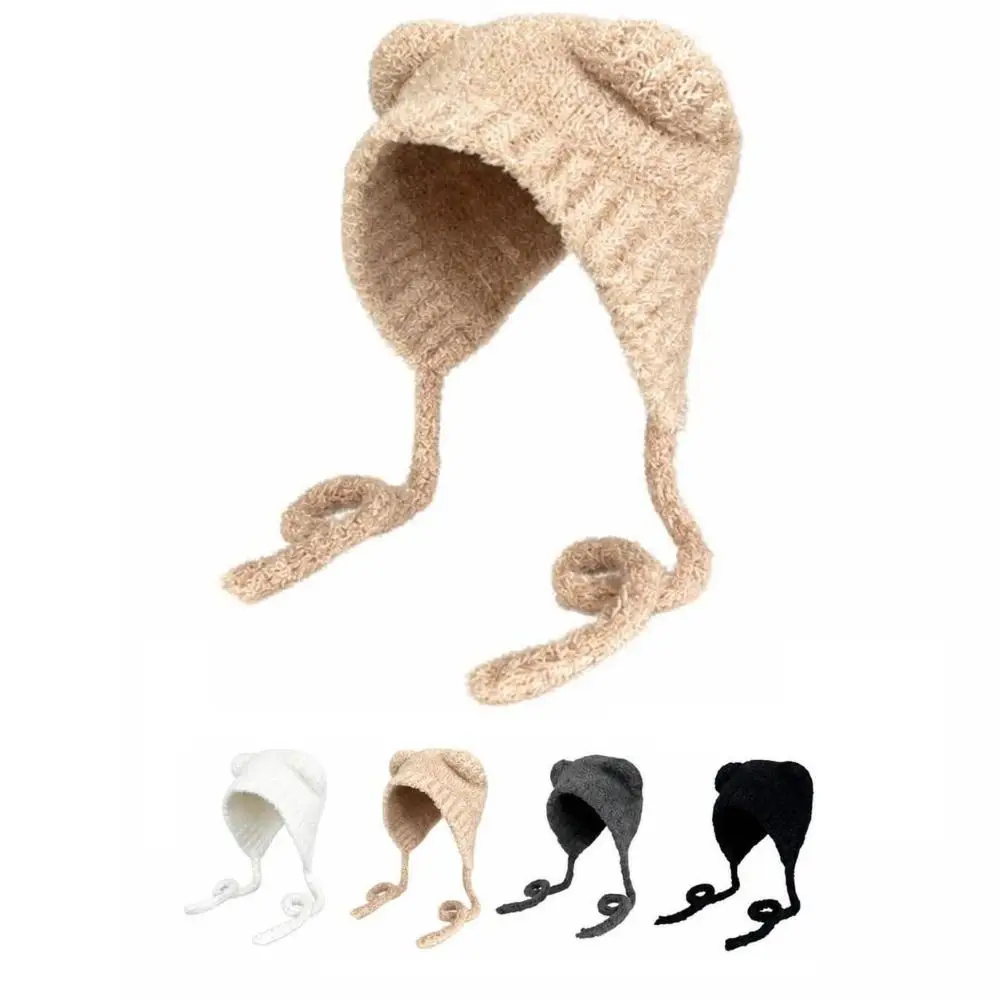 Cute Lace-up Bear Ears Knit Hat Slouchy Cold-proof Ear Protection Hat Warm Fleece Lined Beanie Cap Cold Weather