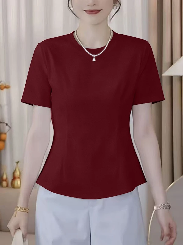 Slimming Large Size Summer T-Shirt Women's Short Sleeve Loose Casual Top Gathered Waist Versatile Cotton Blend Korean Style