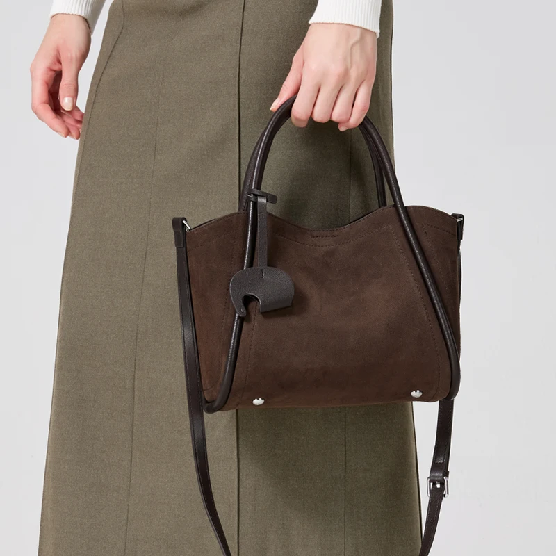Winter Women's Natural Suede Leather Tote Shoulder Bag Luxury Matte Nubuck Leather Contrast Trim Top Handle Shopper Handbag