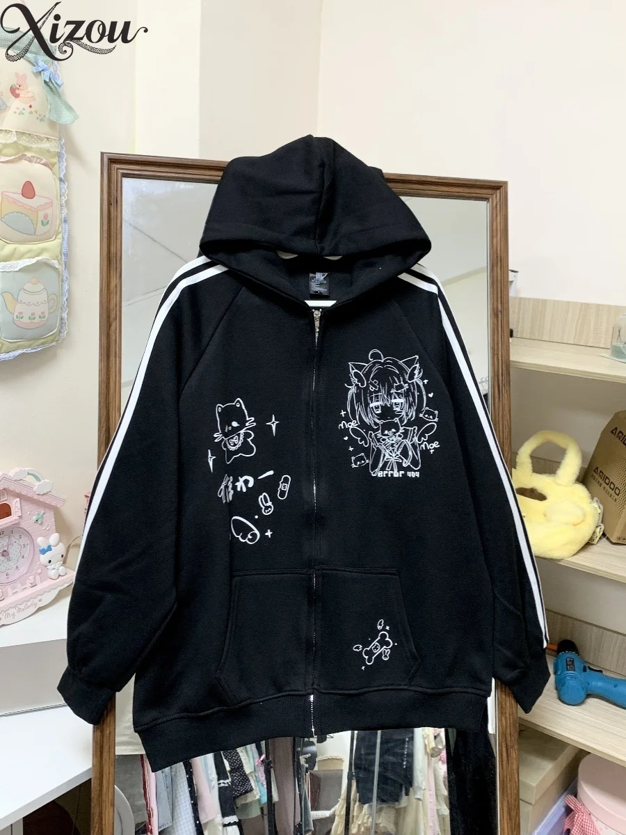 

2025 Japanese Kawaii Cartoon Zip Jacket Anime Hooded Thickened Sweatshirt Harajuku Print Y2K Loose Fit Autumn Winter Streetwear