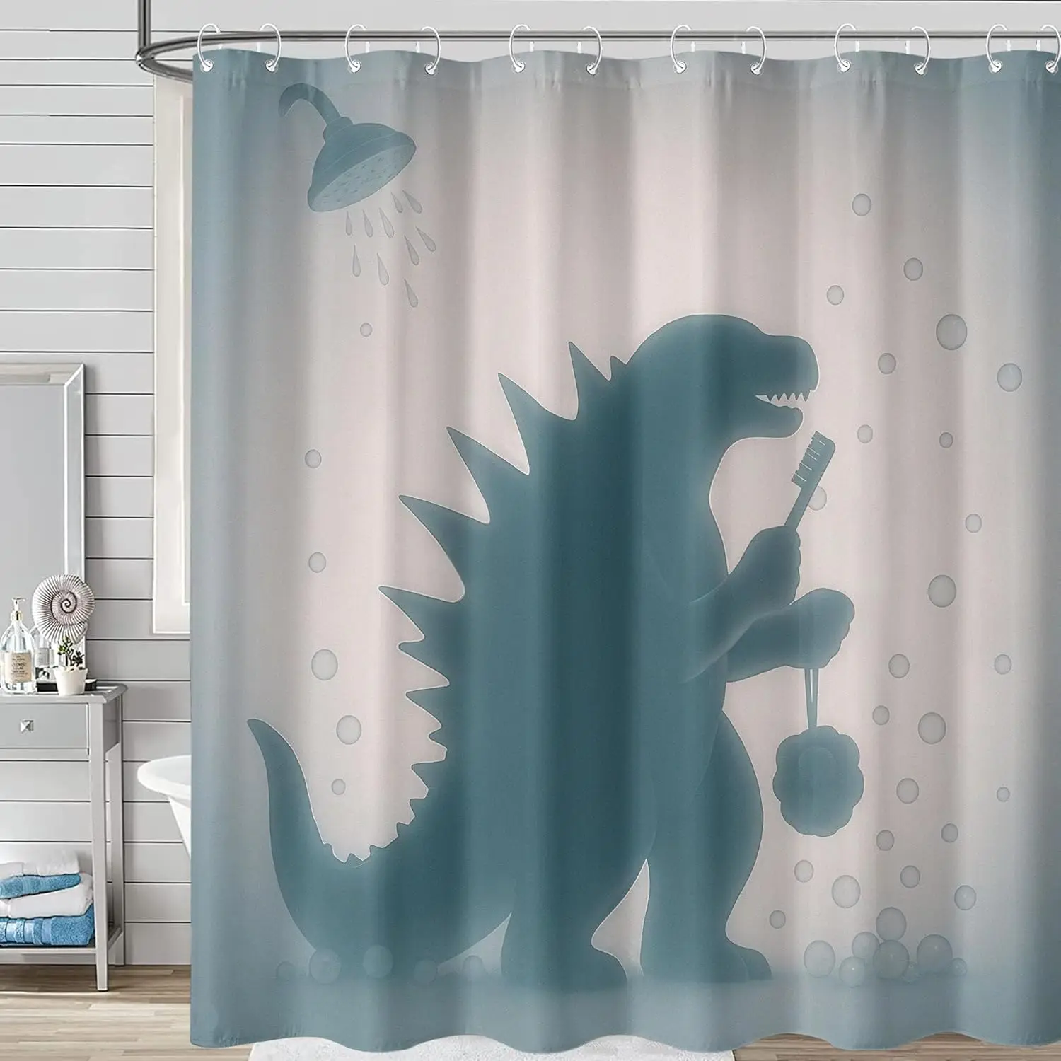 Funny Dinosaur Shower Curtain Fun Cool Japanese Monster Shower Curtains for Bathroom Kids Boys Cartoon Dino Silhouette Shadow