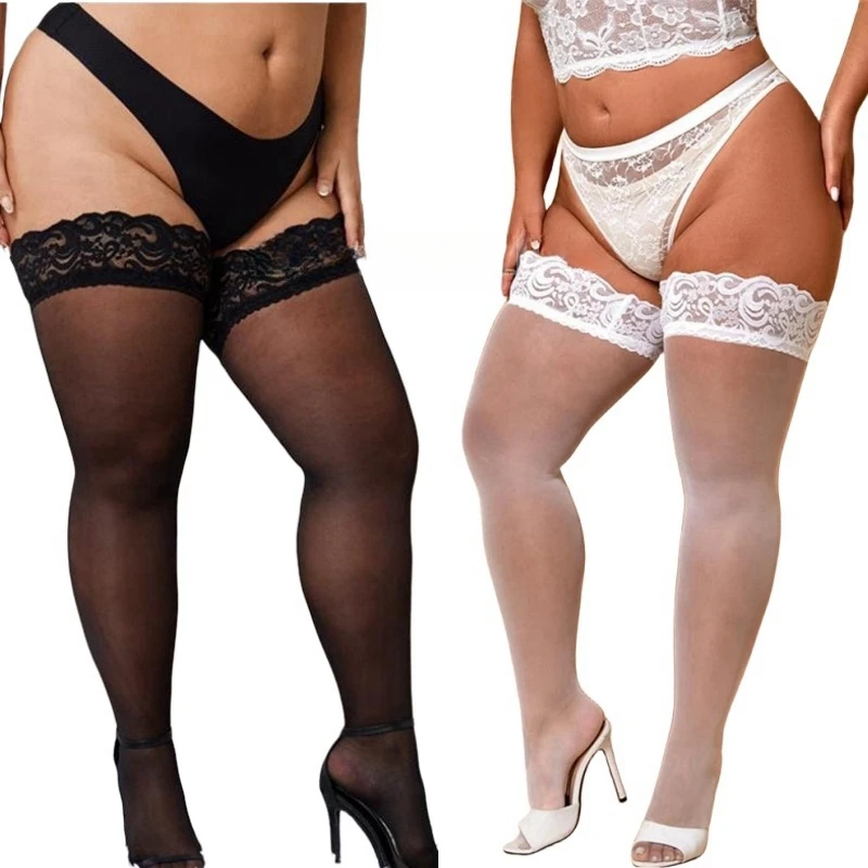Lace Top Plus Size Over Knee Thigh High Long Socks Anti slip Stockings for Oversize Women Sheer Sexy White Black 3XL 5XXXL 100kg