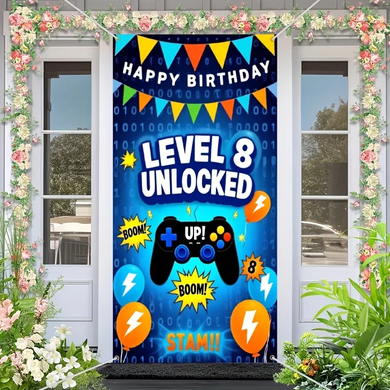 2D-Türbanner, 1 Stück, lebendiges Videospiel-Banner für Geburtstagsfeiern – Thema „Level 8 Unlock“ mit Spielekontrollern und Blitz