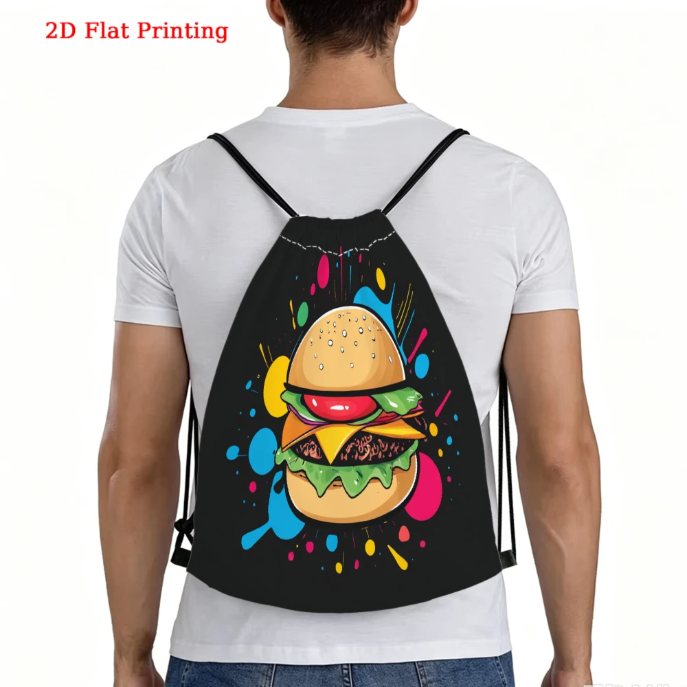 Casual Style, Drawstring Backpack, 2D Flat Printing Burger Pattern, Fitness Sports Backpack, Outdoor Travel Drawstring Bag