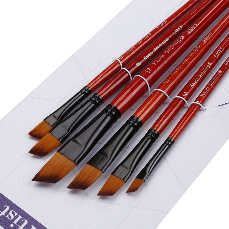 6pc Angled Flat Tipped Art Paintbrush Set Nylon Hair for Beginners Painter Gift