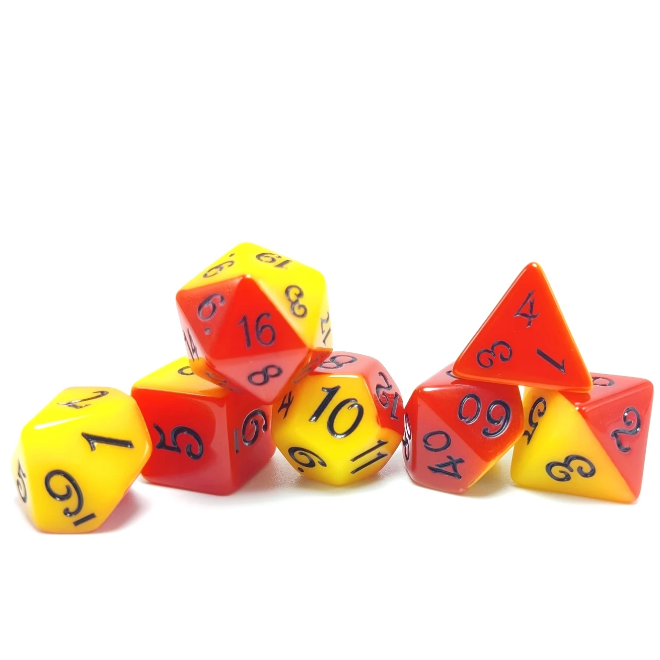 Polyhedral game dice with yellow-red-yellow design plus black lettering Board game dice Board game dice Role-playing dice