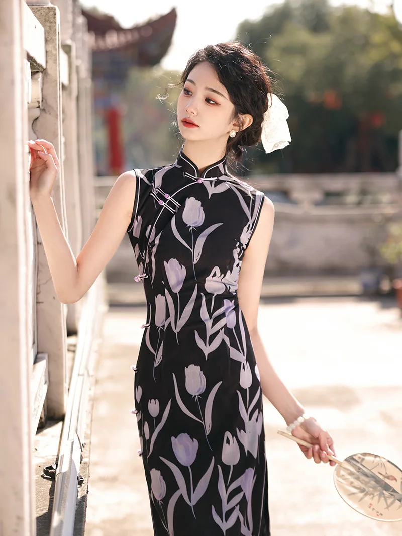 Vestido cheongsam sem mangas para mulheres, flor estampada, moda chinesa, verão Purplr, longo qipao