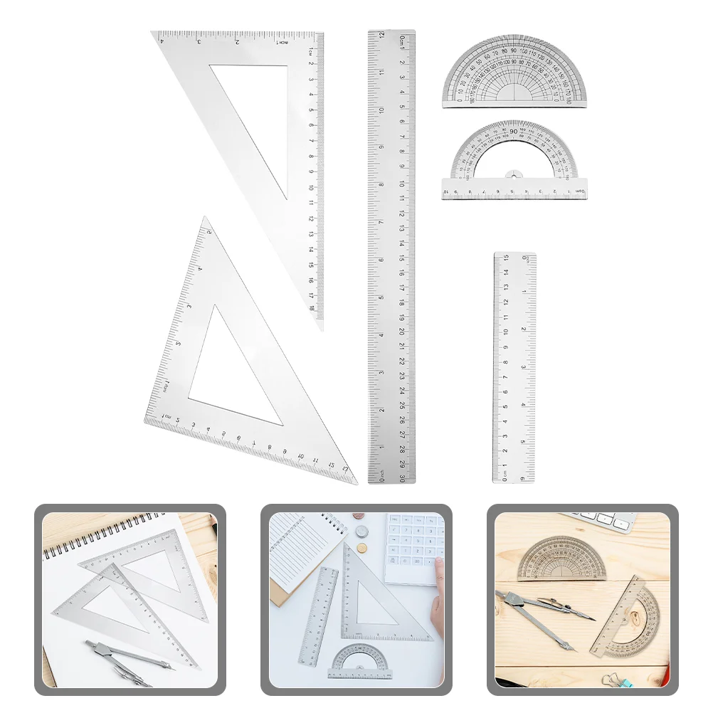 6 قطع أدوات رسم هندسية مسطرة منقلة لوحة مثلثة شفافة وبلاستيكية