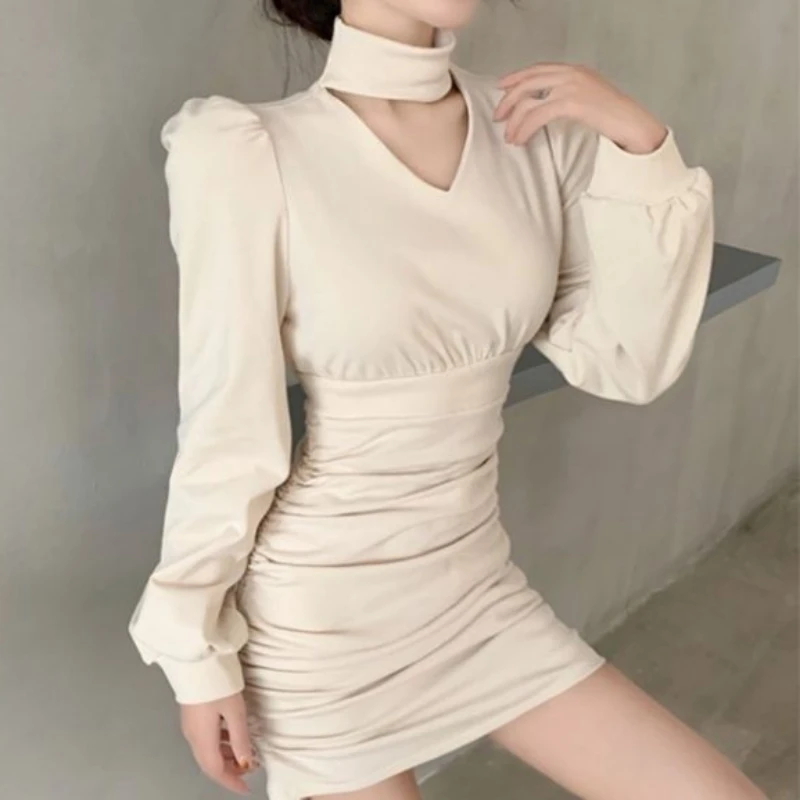 Autumn Winter Black Womens Sexy Vestidos Korean Fashion Long Sleeve Dress Slim Mini Dresses for Women Hip-hugging Skirt Hotsweet