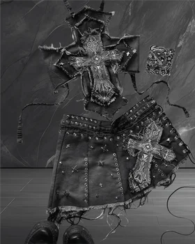 새로운 두 조각 세트 여자 의상 레트로 고딕 그래픽 패치 Y2K 의류 데님 스커트 세트 서스펜더 슬림 패션 짧은 탑