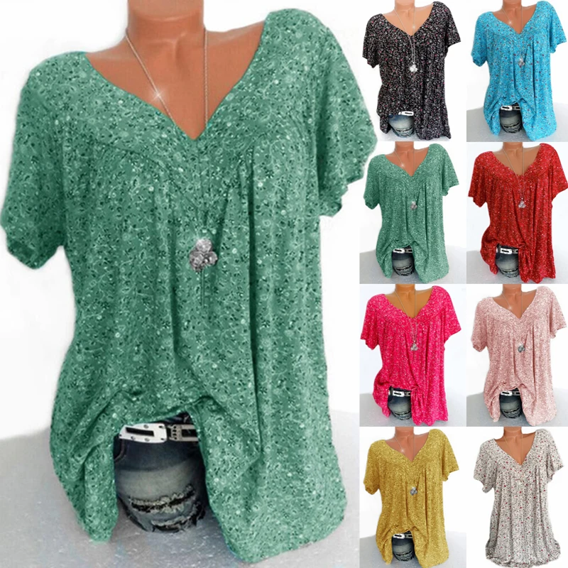 Summer Women Fashion Blouse Casual V-Neck Floral Print Top Loose Short Sleeve All Match Shirt Home Sleepwear Ladies Tops