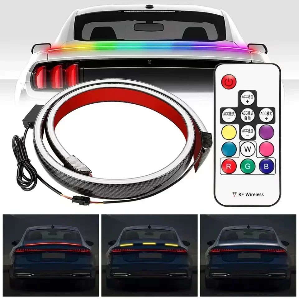 

120cm Carbon Fiber Car LED Rear Spoiler Light RGB Truck Tail Light Colorful 12V Driving Brake Turn Signal Reverse Lamp Lip Light