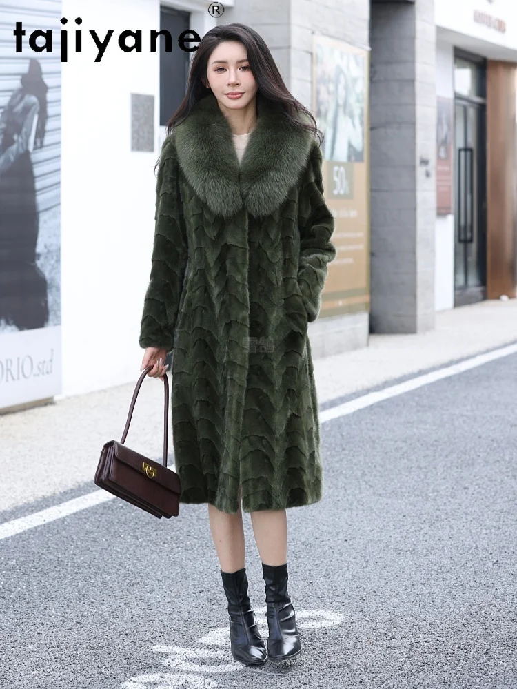 TAJIYANE 天然ミンクファージャケット レディース ロング 本物ミンクファーコート フォックスファー襟付き 冬服 女性用 2025 ミンク毛皮コート
