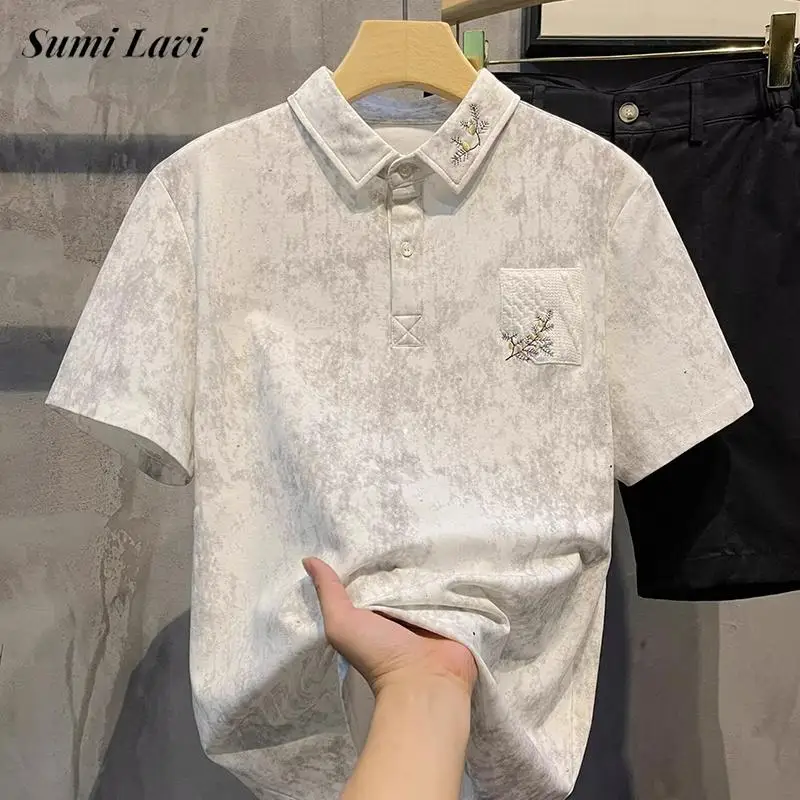 Streetwear Fashion Short Sleeve Mens Polo Shirts Vintage Patchwork Pocket Button Lapel Tops Men Trendy Florals Embroidery Polos