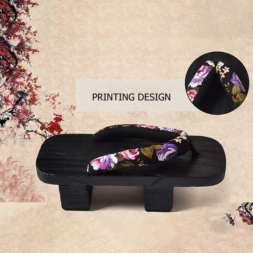 

1 Pair Japanese Style Clogs Flower Pattern Black Wood Slip-on Summer Platform Sandals Casual Slippers for Outdoor Leisure Party