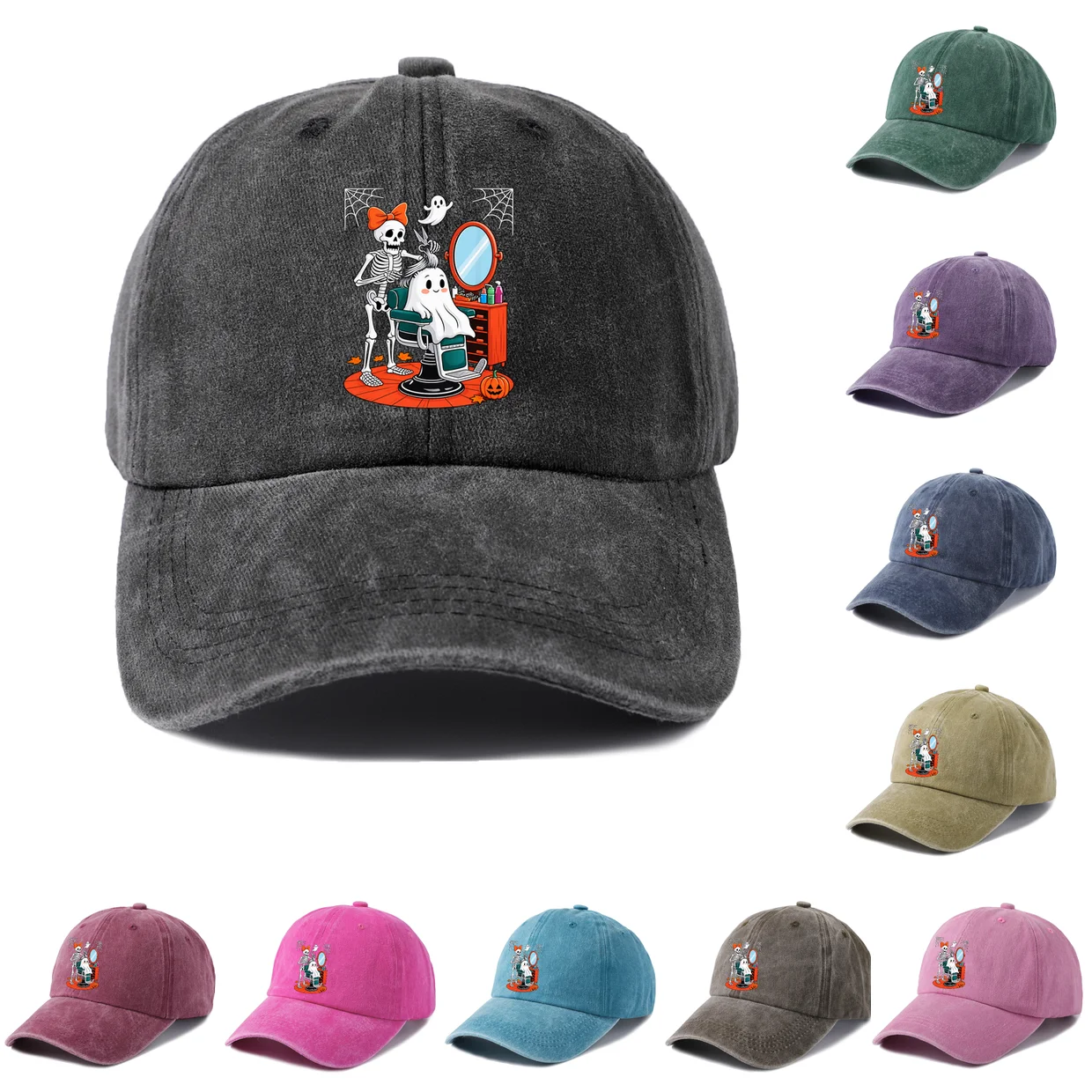 Adjustable Unisex Skeleton Cat Mirror Graphic Baseball Cap, Vintage Washed Dad Hat, Funny Halloween Party Gift