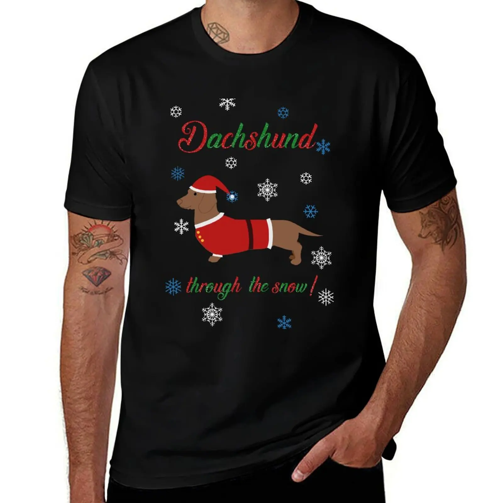 Dachschund through the snow - santa T-Shirt Fashion Pattern Printed Tee Shirt