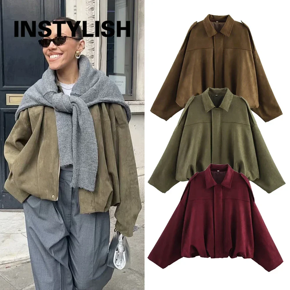 Women Oversized Suede Bomber Jacket Lapel Collar Shoulder Strap Batwing Long Sleeve Loose Casual Crop Outerwear Fall Winter Coat