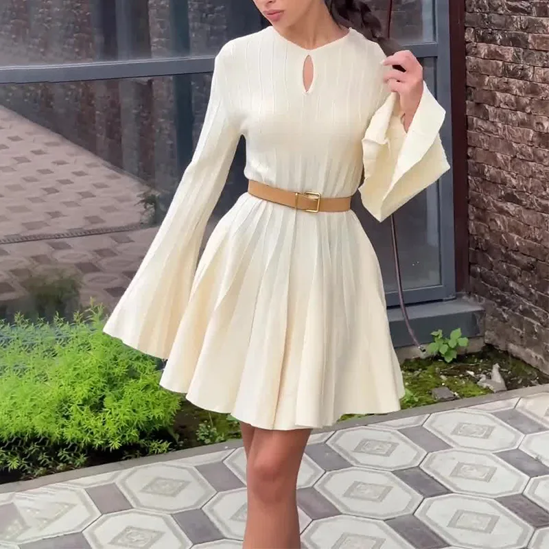 

2025 Fashion Ruffled Comfortable Solid Color Mini Dress Cinched Waist Flare Sleeves Party Dress Women Hollowed Out Casual Dress