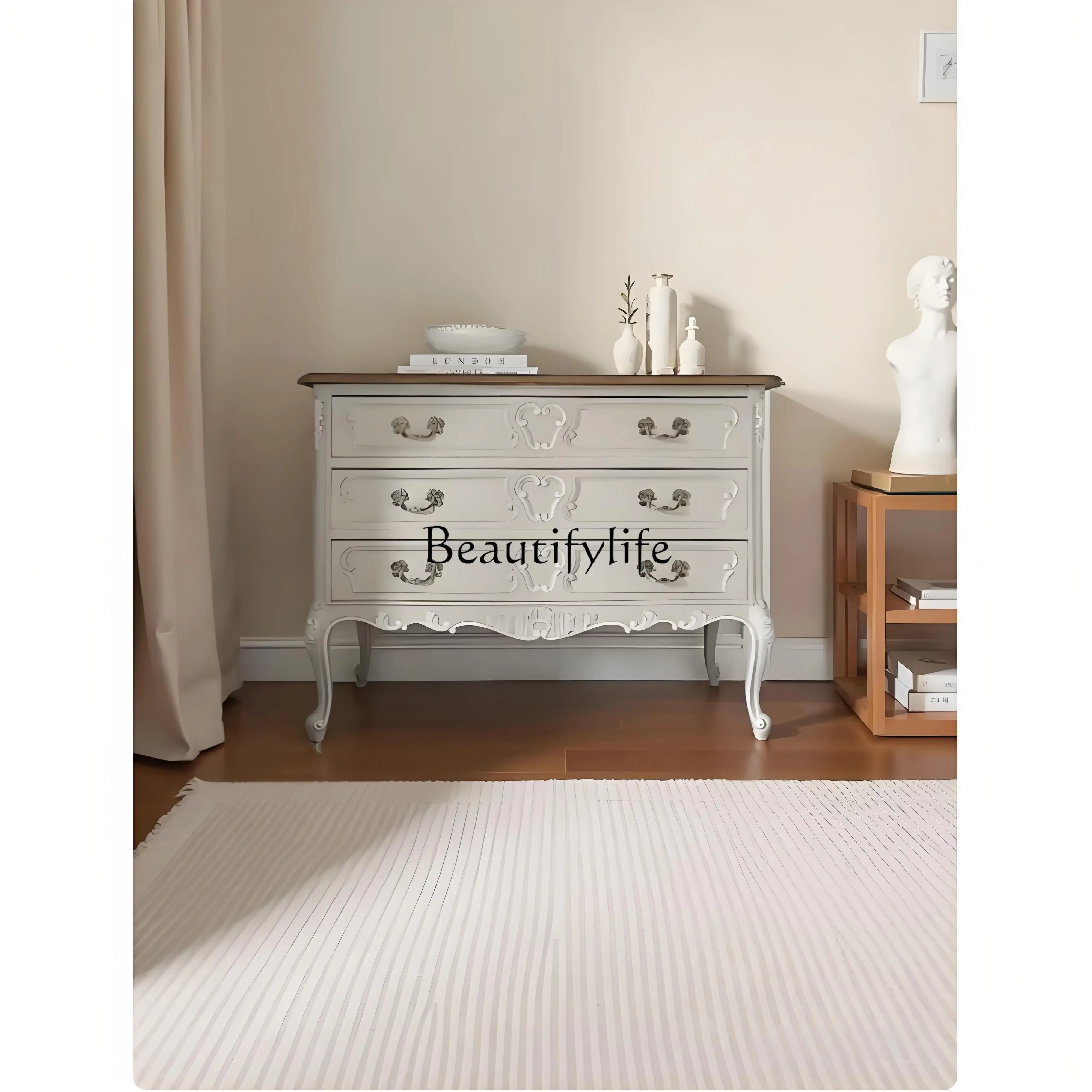 

French Style Duplex Solid Wood Chest of Drawers American Style Entryway Storage Shoe Cabinet Antique Carved