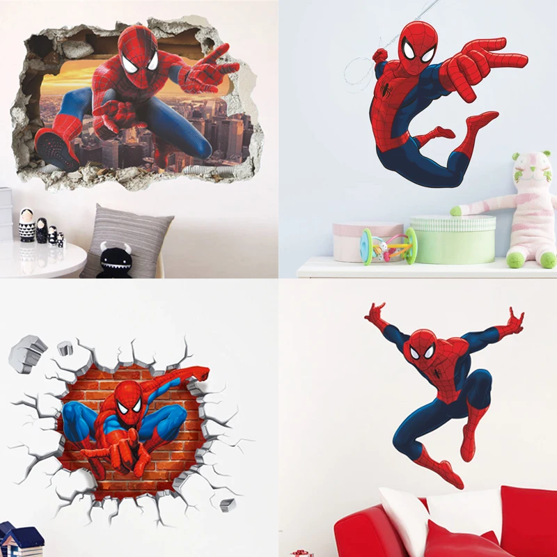 3D Spiderman Adesivos de Parede para Crianças Decoração Do Quarto, PVC Wall Art Decalques, Cartoon Movie Mural, Home Bedroom Decor