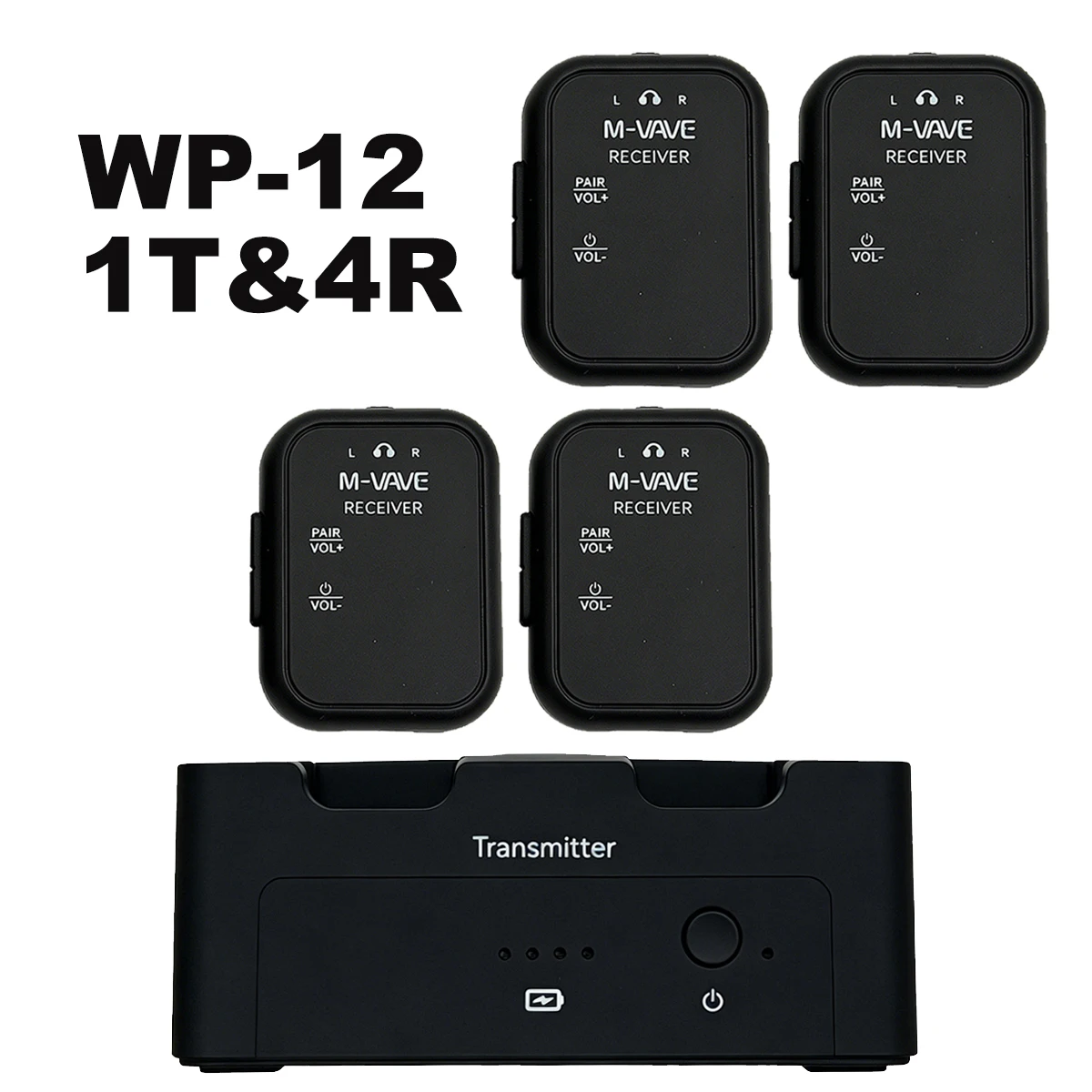 

M-VAVE WP-12 1T4R Wireless In-Ear Monitoring System – Stereo/Mono Modes, 24bit/48KHz, 30m Distance, USB-C Rechargeable,for Stage