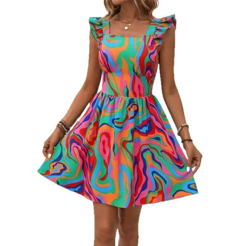 Vcay – jupe trapèze décontractée pour femmes, avec ceinture, imprimé complet, bretelles à volants, t-shirt en Fiber d'acétate, mode printemps été