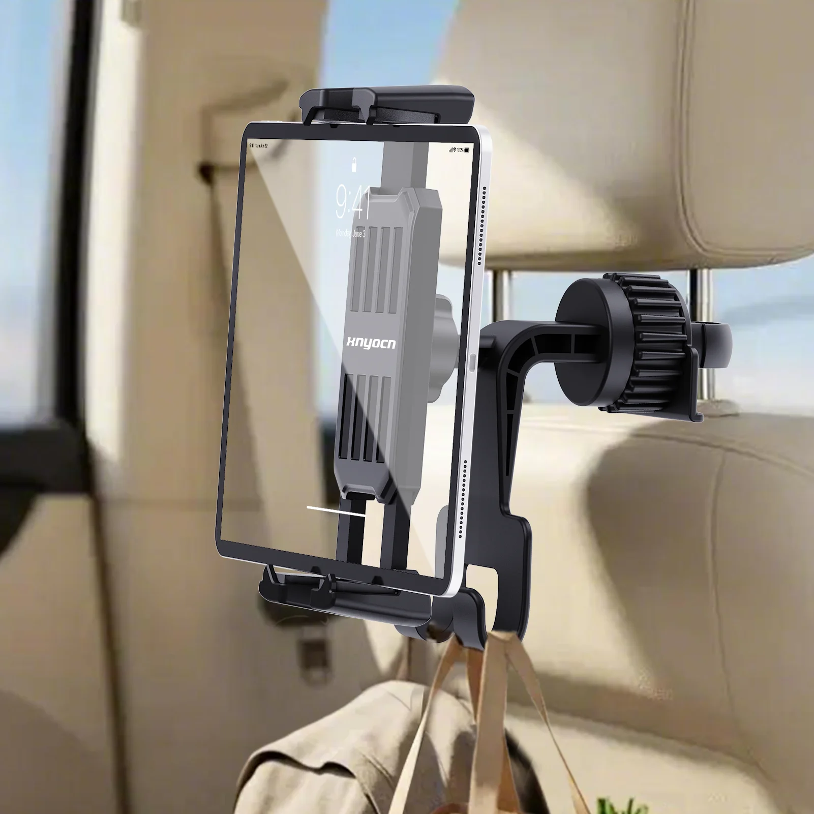 Car Back Seat Headrest Tablet Holder Mount with Dual Storage Hooks Auto Interior Rear Seat Brackets for IPad Pro Phone Passenger