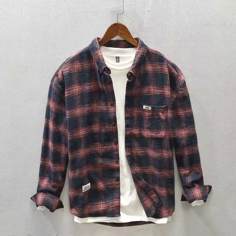 2026 Spring/Autumn New Checkered Casual Shirt Jacket Top 100% Cotton Fabric Heavy Weight Retro Long Sleeve Shirt Loose