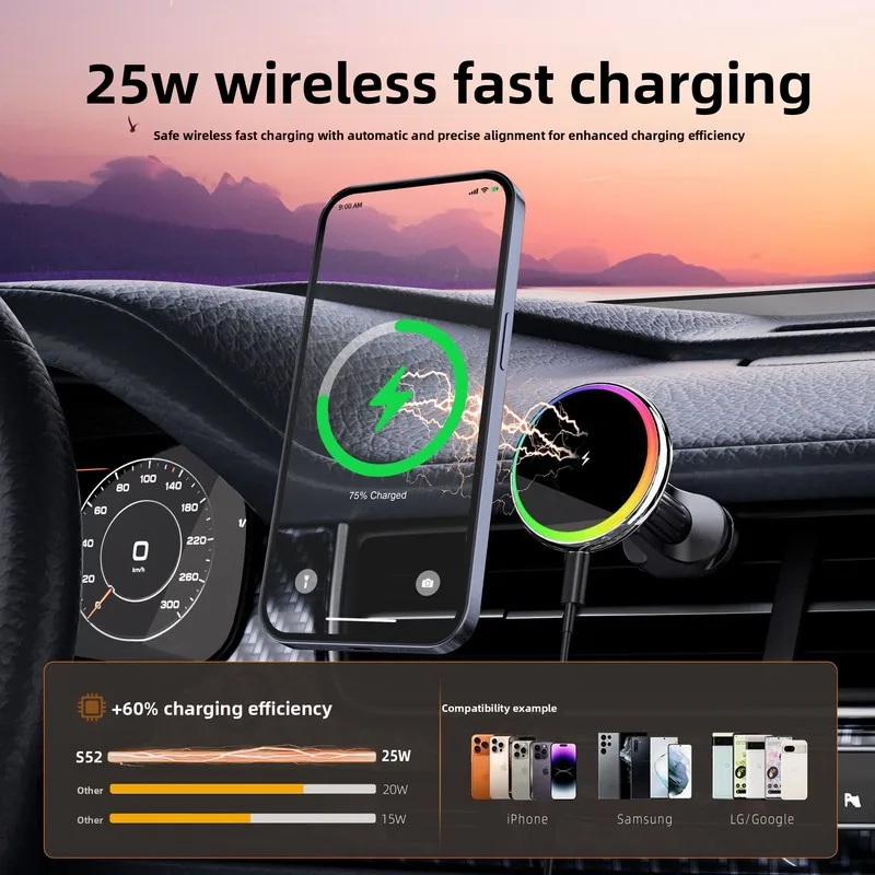 Novo Carregador Sem Fio Magnético para Carro Qi2 25W, Suporte Rápido para Celular com Luz Ambiente