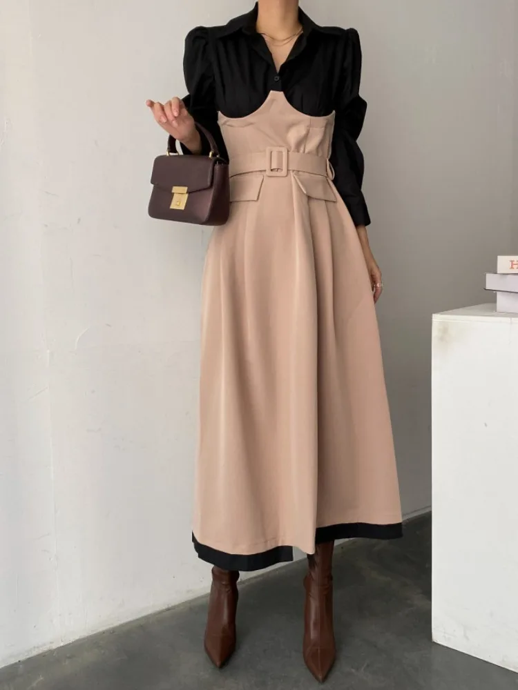 เอเล ออทัมนัล ชิคลายจุดคอปกยาวเอ-ไลน์ Dr Color Blo Maxi Skirt Sle Women's Faion