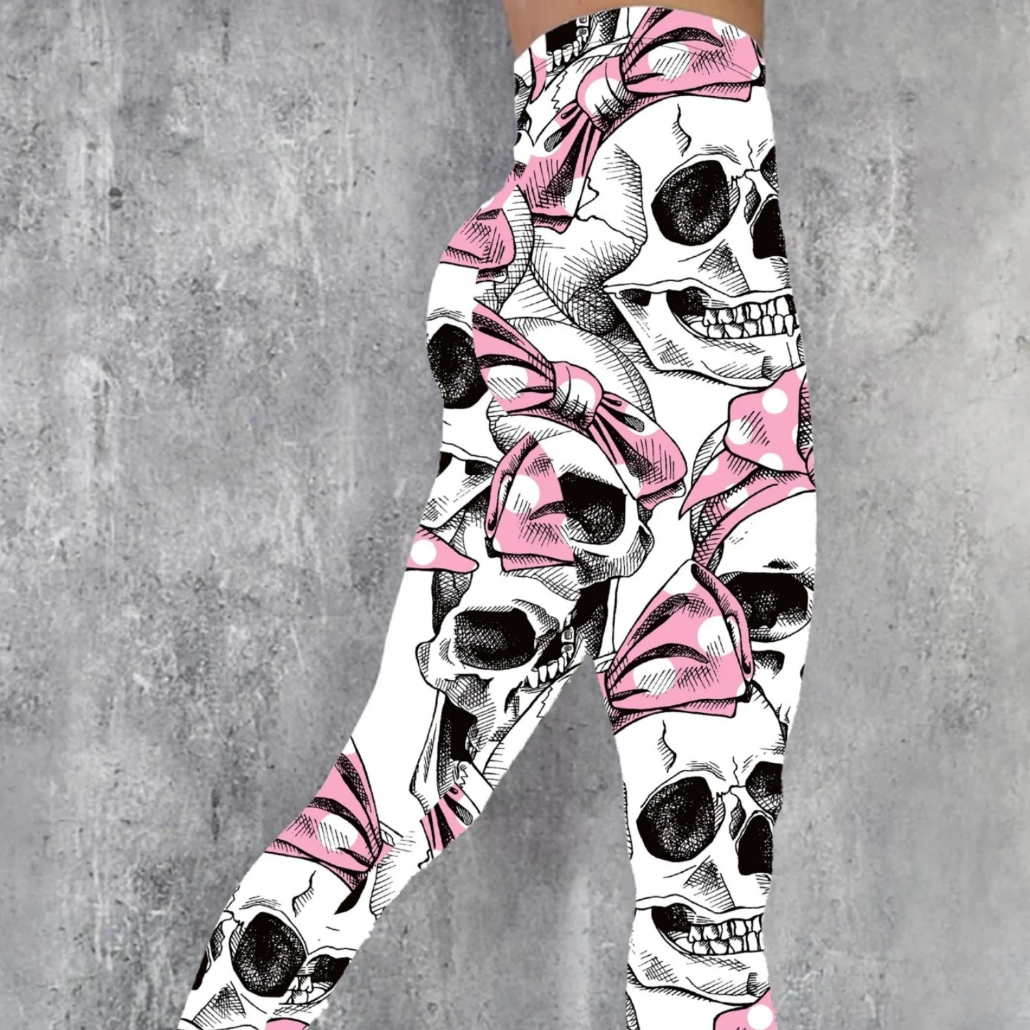 Yoga Pants, Women's High‑Waist Skull With Pink Polka‑Dot Bow Print Stretch Leggings, Buttery‑Soft Full‑Length Gym Workout Casual Active Pants