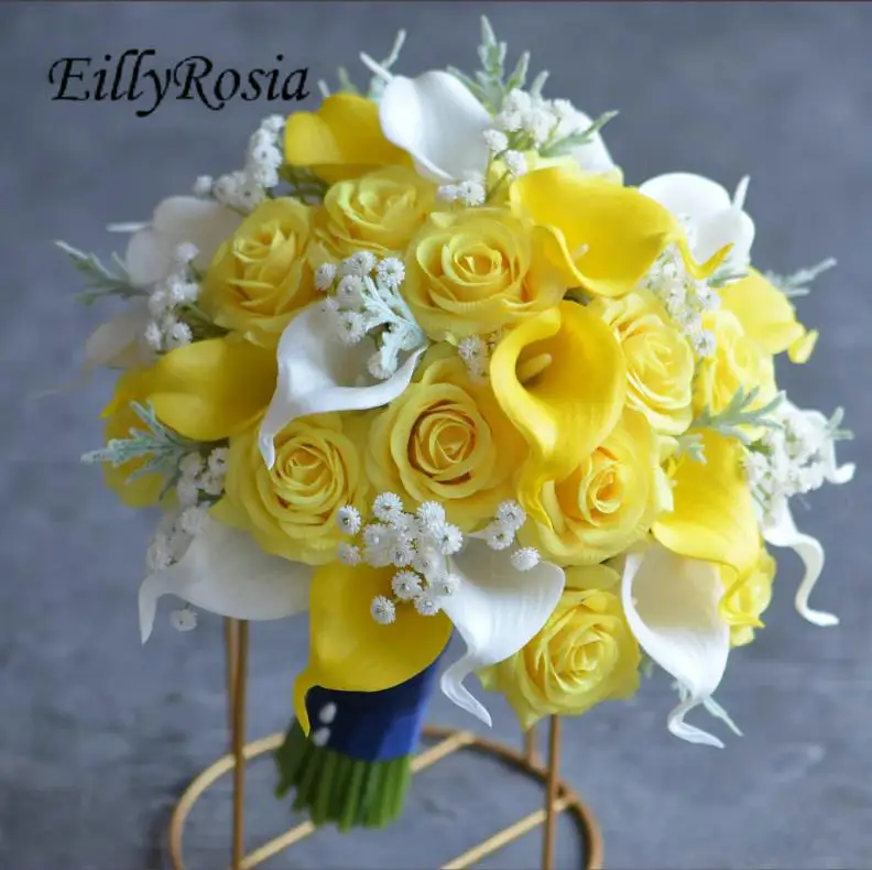 EillyRosia White and Yellow Wedding Bouquet for the Bride Calla Lily Artificial Holding Flowers Set Bouquet demoiselle d’honneur