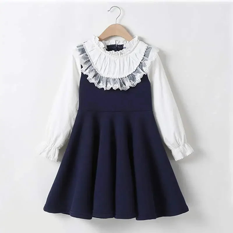 Melario Autumn School New Girls Clothing Dress Baby Casual Dress Kids Patchwork Clothes Children Long Sleeve Dress Blue White