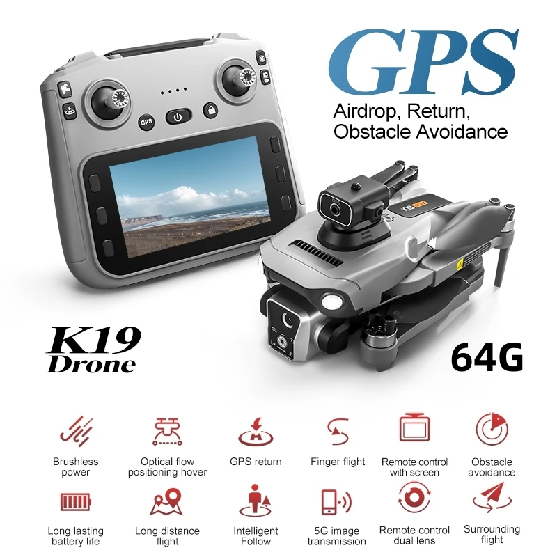 K19 맥스 360 ° 8K 4K HD 카메라 장착 GPS 드론, 장애물 회피 기능 탑재 RC 드론, WiFi FPV 브러시리스 접이식 RC 쿼드콥터