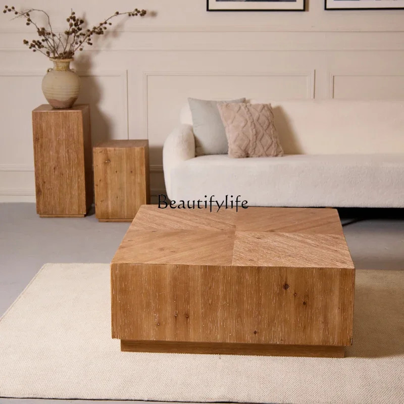 

ld14 Solid Wood Square Small Tea Table for Living Room Sofa Front, Home Use Low Table, Nordic Wabi-Sabi Retro Style