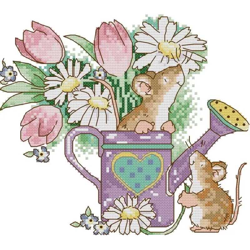 Mouse's Garden Adventure Animal Flower Pattern Cross Stitch Aida 14ct 16ct 11ct White Printed Cloth Needle Thread Embroidery Set