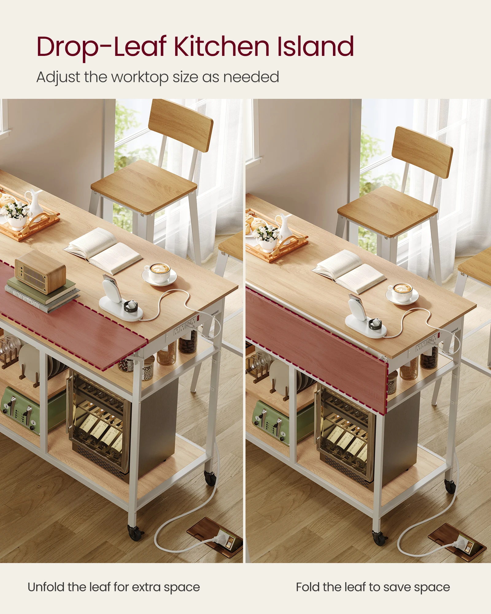 Factory Direct 2026 Easy-to-assemble charging holder with power outlet Kitchen shelf with large island